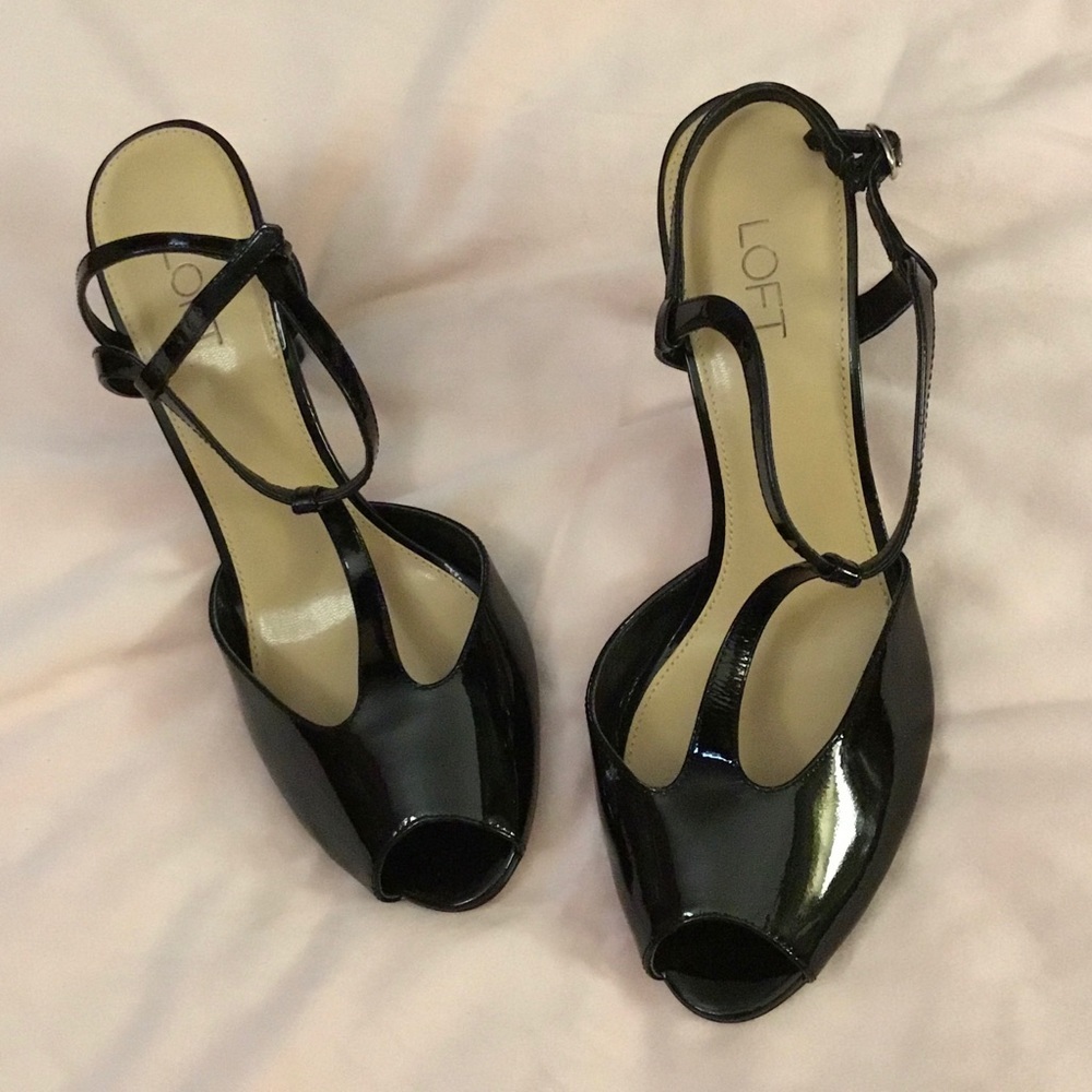 Black Ann Taylor Loft Heels Open Toe Strappy Strap Shoes